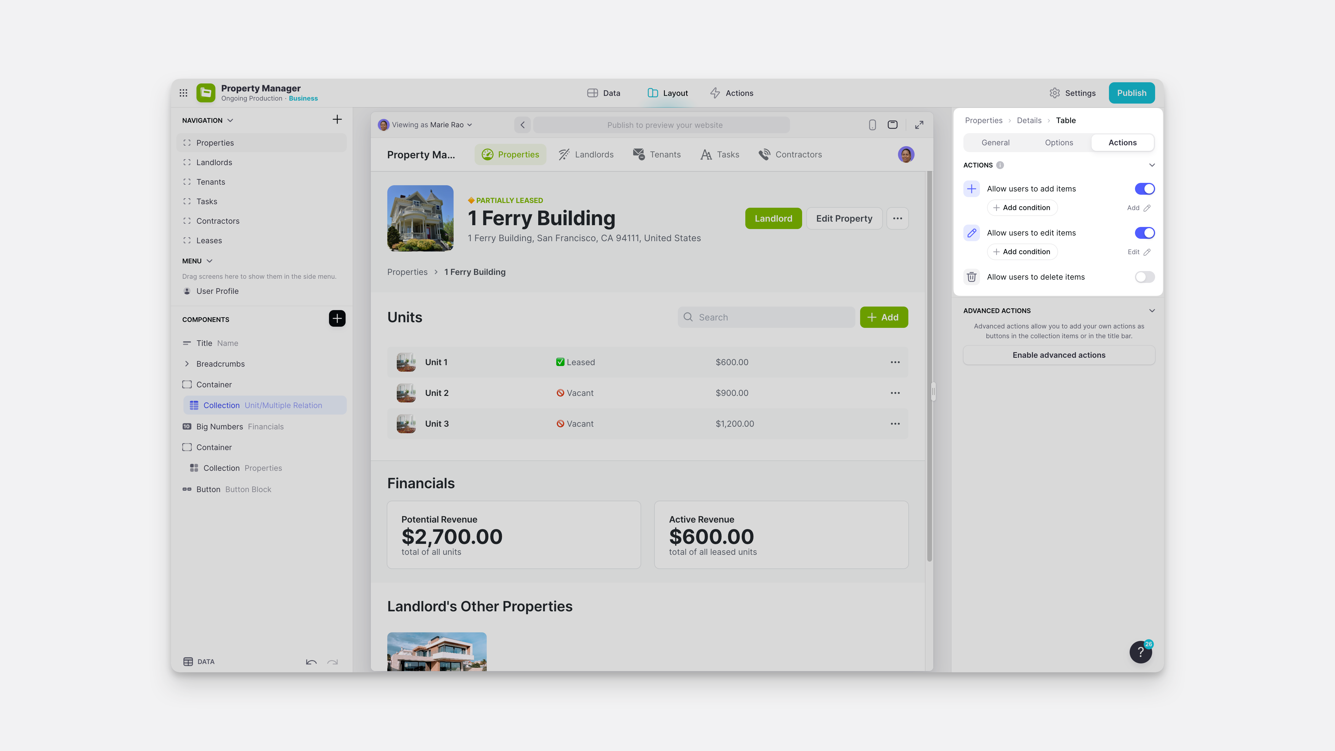 Enabling actions in a Collection